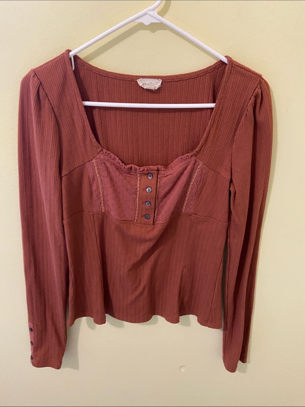 Hem & Thread Rusty Rose Ribbed Square Neck Long Sleeve Top